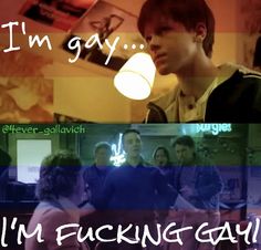 two pictures with the words i'm gay and an image of some people sitting at a table