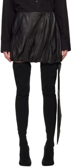 Helmut Lang: Black Ballooned Leather Miniskirt | SSENSE Knee-length Leather Bottoms For Formal Occasions, Formal Leather Skirt With Belt Loops, Fitted Leather Belted Skirt, Leather Miniskirt, Satin Sash, Black Balloons, Leather Mini Skirts, Helmut Lang, Leather Skirt