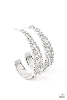 Classic white rhinestones dot a silvery backdrop of dainty white rhinestones that delicately curves into a solid silver J-hoop, resulting in a jaw-dropping dazzle. Earring attaches to a standard post fitting. Hoop measures approximately 1 1/2" in diameter.

Sold as one pair of hoop earrings. Cold As Ice, White Hoop Earrings, Silver Flower Earrings, Life Of The Party, Rhinestone Ring, Party Earrings, Paparazzi Accessories, White Rhinestone, Affordable Jewelry