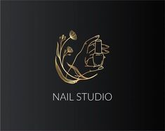 the nail studio logo is shown on a black background with gold foil flowers and leaves