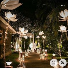 an outdoor area with lights and flowers on it