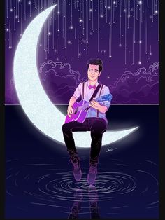 a man sitting on top of a moon with a guitar in his lap and rain falling from the sky