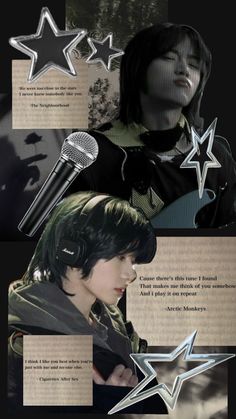 a collage of photos with stars and microphones on them, including an image of a