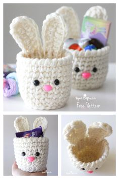 crocheted easter baskets with bunny faces and ears are shown in three different pictures