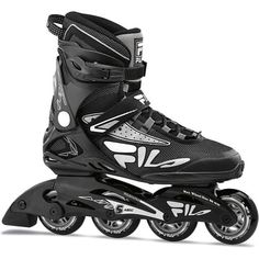 the roller skates are black and white with silver details on it's wheels