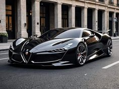 a black sports car parked in front of a tall building on a street with columns