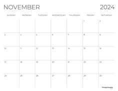 the november calendar is shown in black and white