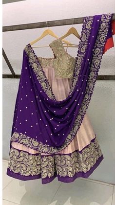 Purple Lehanga Outfit, Langa Voni Half Saree, Half Sarees, New Saree Blouse Designs, Half Saree Designs