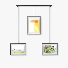 three frames hanging on a wall with pictures in them