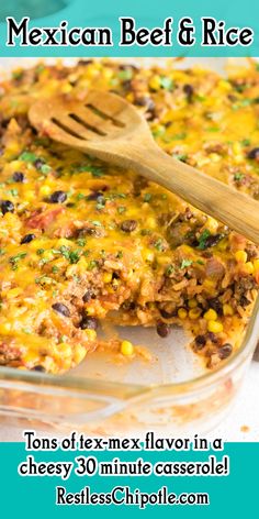 Closeup of the casserole. Ground Beef Rice Casserole, Beef Rice Casserole, Ground Beef And Rice Casserole, Beef And Rice Casserole, Mexican Ground Beef, Easy Potluck Recipes, Ground Beef And Rice, Restless Chipotle, Dinner Quick