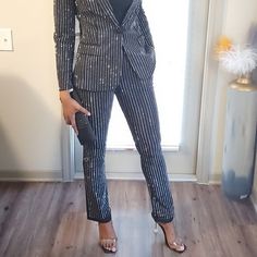 Silver Rhinestone Stripes Throughout Front And Back True To Size Invisible Side Zip Pockets Inseam 31" Pin Stripe Pants Suit, Striped Suits Women, Pinstripe Jumpsuit, Striped Suit, Pinstripe Pants, Pinstripe Suit, Silver Rhinestone, Pants Color, London Fashion