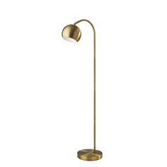 a gold floor lamp with a white light on the top and an arm that is attached to