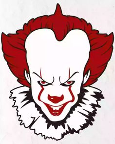 a drawing of a clown with red hair and white teeth on a wooden background,