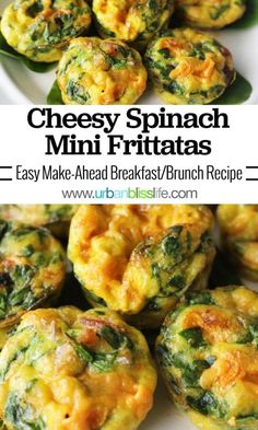 cheesy spinach mini frittatas on a white plate with text overlay