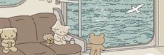 there are many stuffed animals sitting on the seats in front of the window and looking out at the water