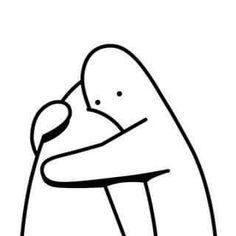 a black and white drawing of a penguin hugging its head with his arms around the neck