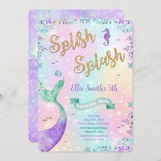 a purple and blue mermaid birthday party card