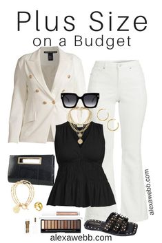 Plus Size on a Budget – White Night Out Outfit - Alexa Webb Plus Size White Pants Outfit, White Night Out Outfit, Plus Size On A Budget, Chic Night Out Outfit, White Flare Jeans, Oversized Black Sunglasses, Alexa Webb, White Flared Jeans, Off White Blazer