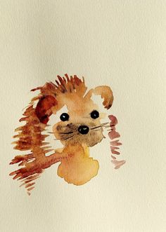 a watercolor painting of a dog's face with brown hair and black eyes