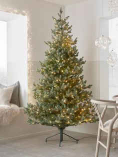 a small christmas tree in a living room with white lights on the top and bottom