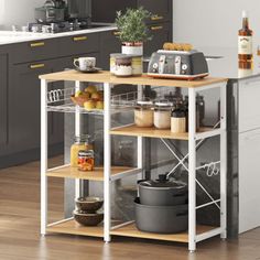 a kitchen cart with various items on it