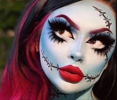 #costume #halloweencostumesforwomen #aesthetic #mua Sally Stitches Makeup, Sally Makeup Halloween Easy, Sally Face Makeup, Sally Makeup Halloween, Sally Halloween Makeup, Sally Skellington Makeup, Halloween Character Makeup, Corpse Bride Halloween Makeup, Sally Nightmare Before Christmas Makeup