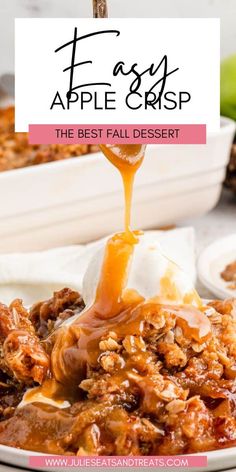 an apple crisp is being drizzled with caramel