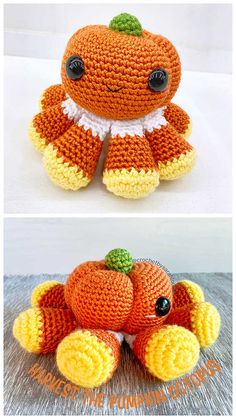 crocheted pumpkin stuffed animal sitting on top of a wooden table next to another photo