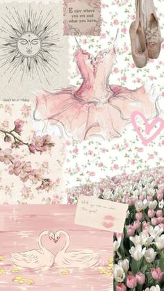 pink and white collage with ballet shoes, flowers, and pictures on the wall