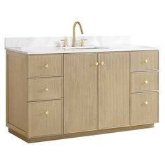 a bathroom vanity with two sinks and gold faucets on the counter top, against a white background