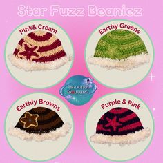 four knitted hats with stars on them