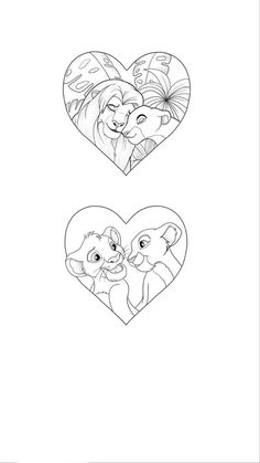 two heart shaped pictures with the faces of cartoon characters