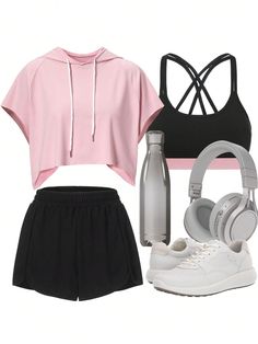 Multicolor  Collar   Color combinado Shorts Embellished Estiramiento medio Fitness Wear Outfits, Cute Gym Outfits, Casual Preppy Outfits, Trendy Outfits For Teens, Cute Preppy Outfits, Women Sports, Looks Chic, Sporty Outfits, Cute Everyday Outfits