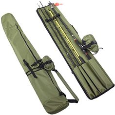 two fishing rods and poles in a green bag with straps on the bottom one is empty