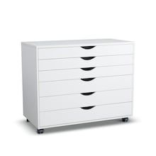 a white dresser with five drawers and black handles