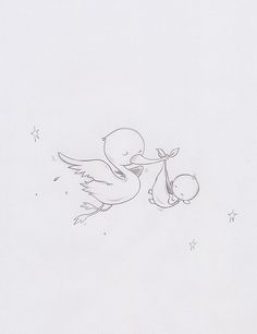 a drawing of a duck holding a baby in it's beak with stars on the background