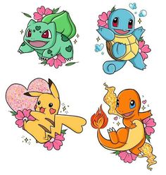 four different types of pokemons with flowers and hearts on their backs, one in the middle