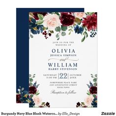 an elegant floral wedding card with navy blue border and burgundy flowers on the bottom corner