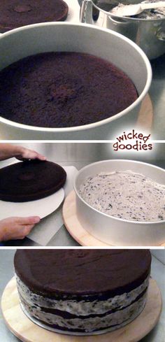 three pictures showing how to make a chocolate cake