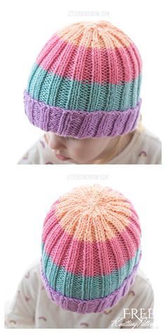 two pictures of a child's hat with different colors and patterns on the side