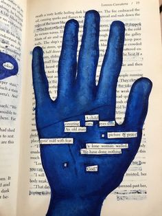 an open book with blue hand and words on it