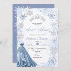 a wedding card with snowflakes and a dress on the front, in blue