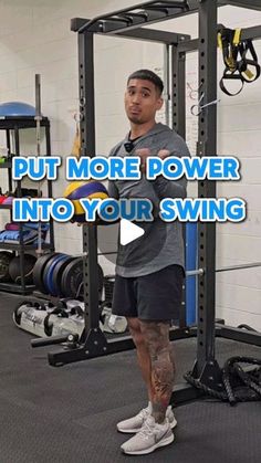 a man standing in front of a gym machine with the words put more power into your swing