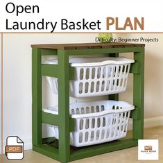 an open laundry basket with three white baskets on it and the words plan written below