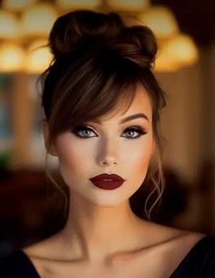 Hairstyle For Medium Hair With Bangs, Hairstyle Long With Bangs, Side Bangs Wedding Hairstyle, Updos For Hair With Bangs, Beautiful Updos For Medium Hair, Updo With Side Swept Bangs, Long Side Bangs Ponytail, Side Part With Wispy Bangs, Best Hairstyles For Large Forehead