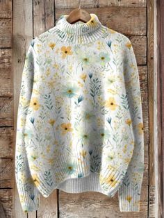 Lovely Meadows Floral Pattern Printed Knit Turtleneck Pullover Sweater Turtleneck Pullover, Floral Prints Pattern, Knit Turtleneck, Maxi Dress Green, Printed Sweater, Modest Dresses, White Sweaters, Pink Sweater, Floral Printed