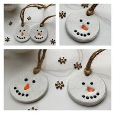 four different pictures of snowmen made out of wood and string with buttons on them