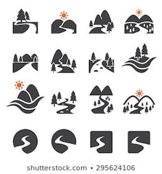 mountain and river icons set on white background