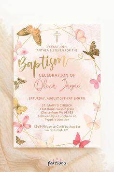 Self-editable 5x7" invite - follow the link for details and free demo! ♦ Easily edit online in your browser then download and print or send digitally ♦ Create a memorable celebration, starting with this elegant pink peach gold butterfly invite, perfect for a girl's baptism party ♦ #baptismprintable #baptismdownload #butterflyinvitation #butterflyprintable #girlbaptism #invitationsgirl #pinkgoldbaptism #baptismbutterfly