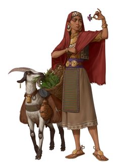 the woman is standing next to a goat with a basket on it's back